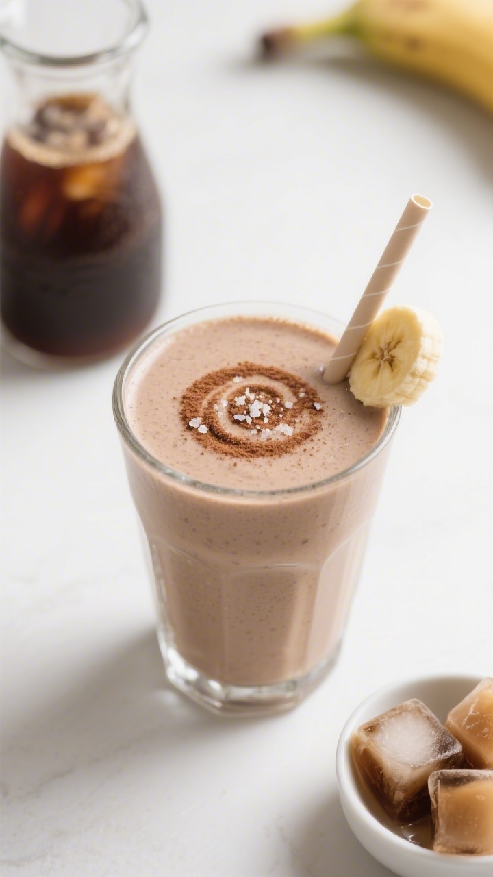 Final dish top view: Overhead shot of the finished smoothie poured into a chilled clear glass, ultra