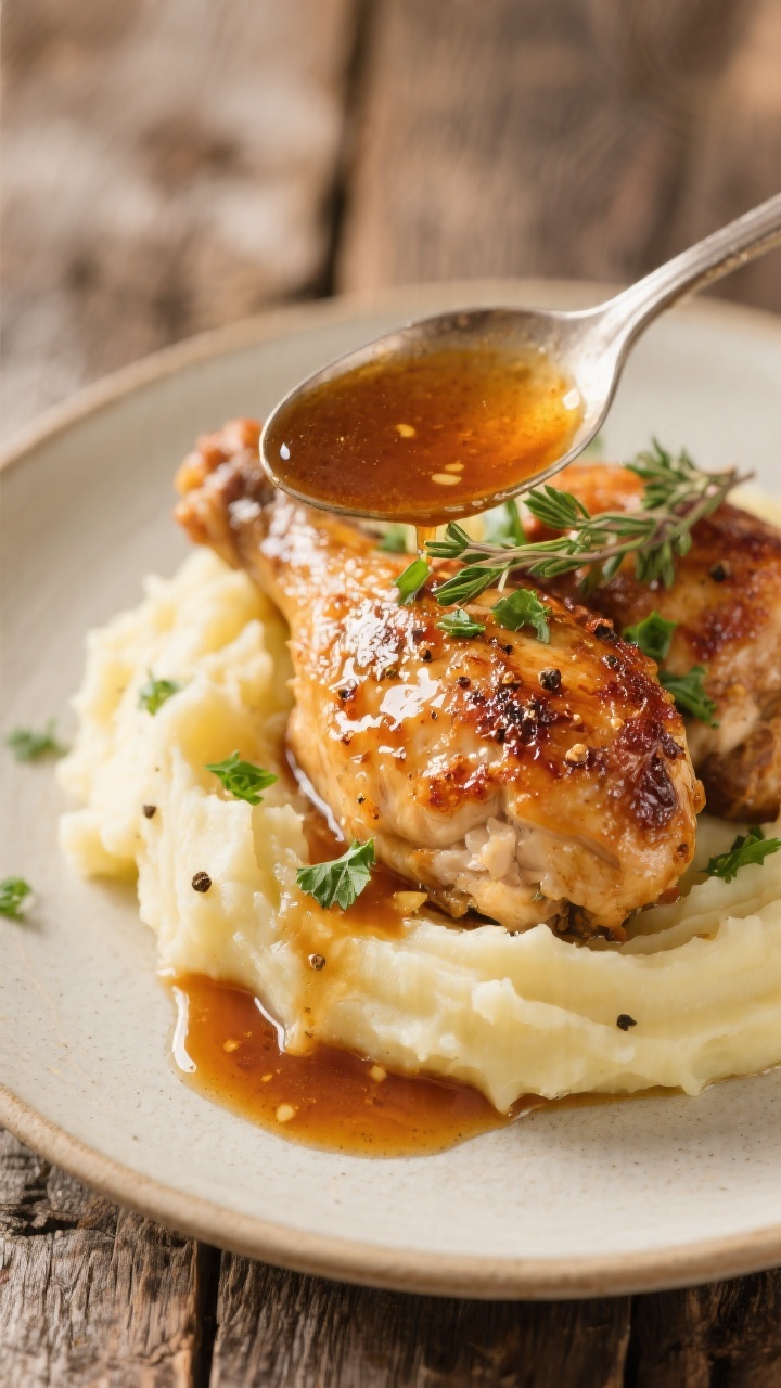 Final plated, close-up detail: Broiled, crispy-skin crockpot chicken thigh plated over buttery mashe