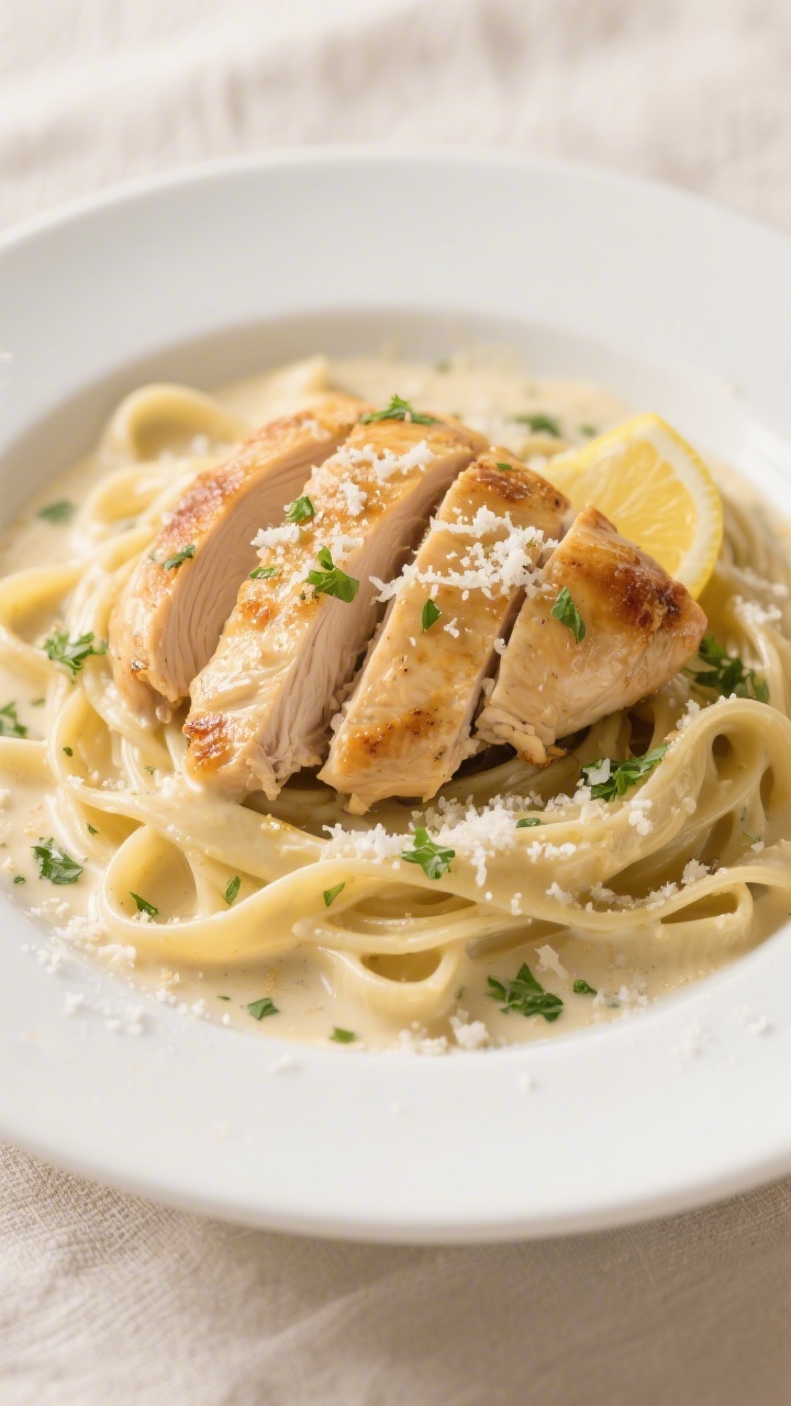 Final plated dish: Beautifully plated Creamy Garlic Parmesan Chicken over al dente fettuccine, sauce
