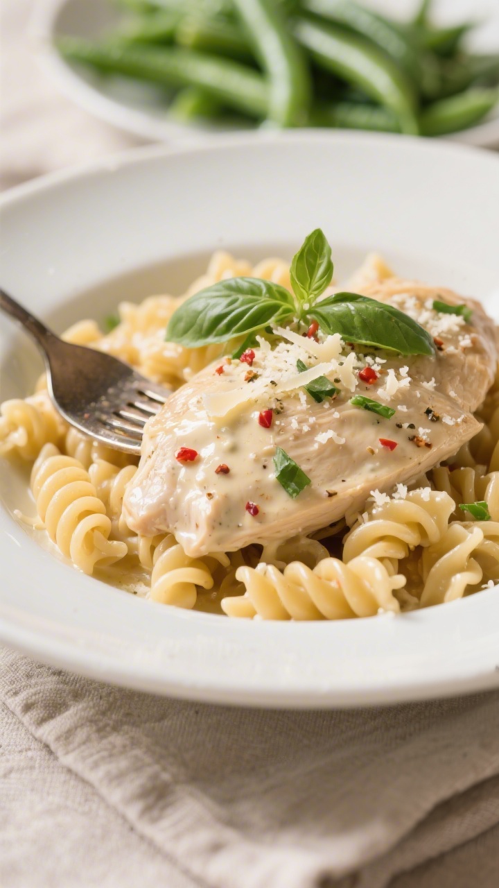 Final plated dish, close-up detail: fork-tender creamy Italian chicken spooned over al dente rotini,