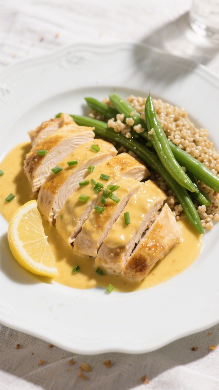 Final plated dish: Restaurant-quality presentation of a sliced Melt In Your Mouth Chicken breast fan