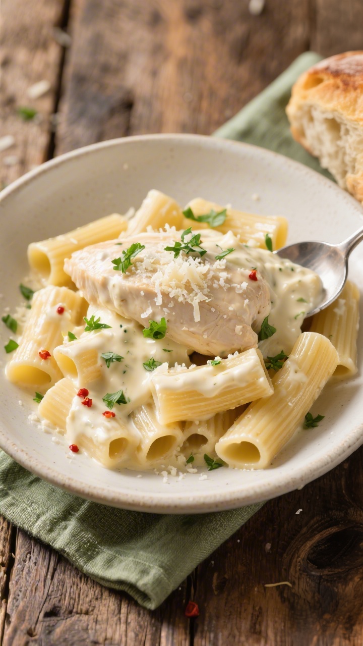 Final plated overhead: Creamy Italian cream cheese chicken spooned over al dente rigatoni, sauce lux