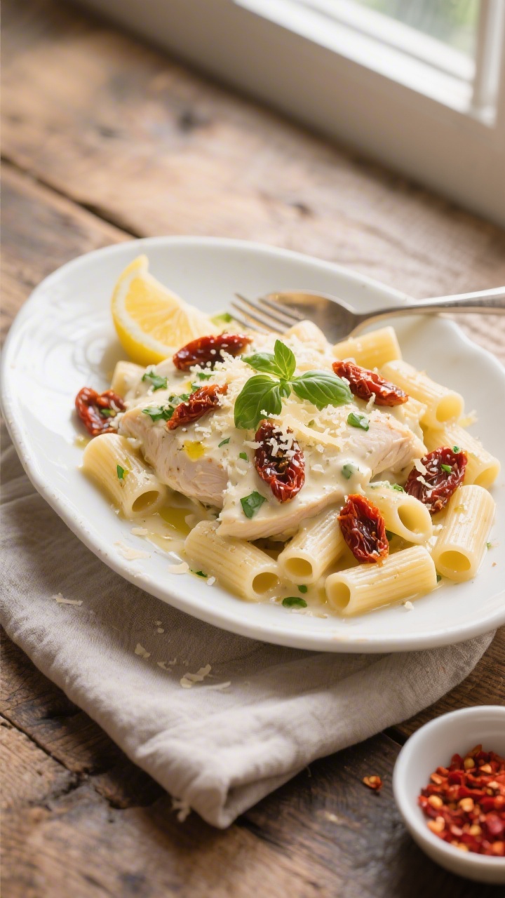 Final plated overhead: Creamy Italian-style cream cheese chicken spooned over al dente rigatoni on a