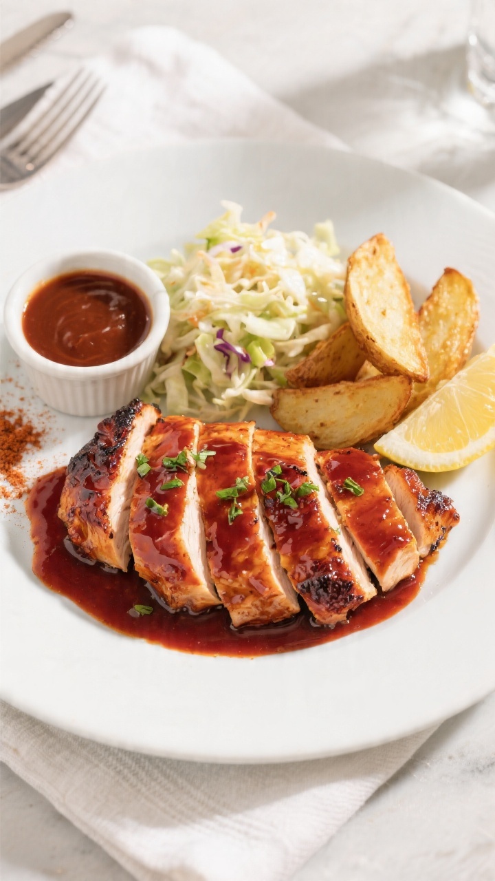 Final plated/overhead hero shot: Sliced oven-roasted BBQ chicken breast fanned on a matte white plat