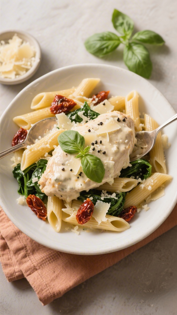 Final plated overhead: Italian cream cheese chicken spooned generously over al dente penne, sauce lu