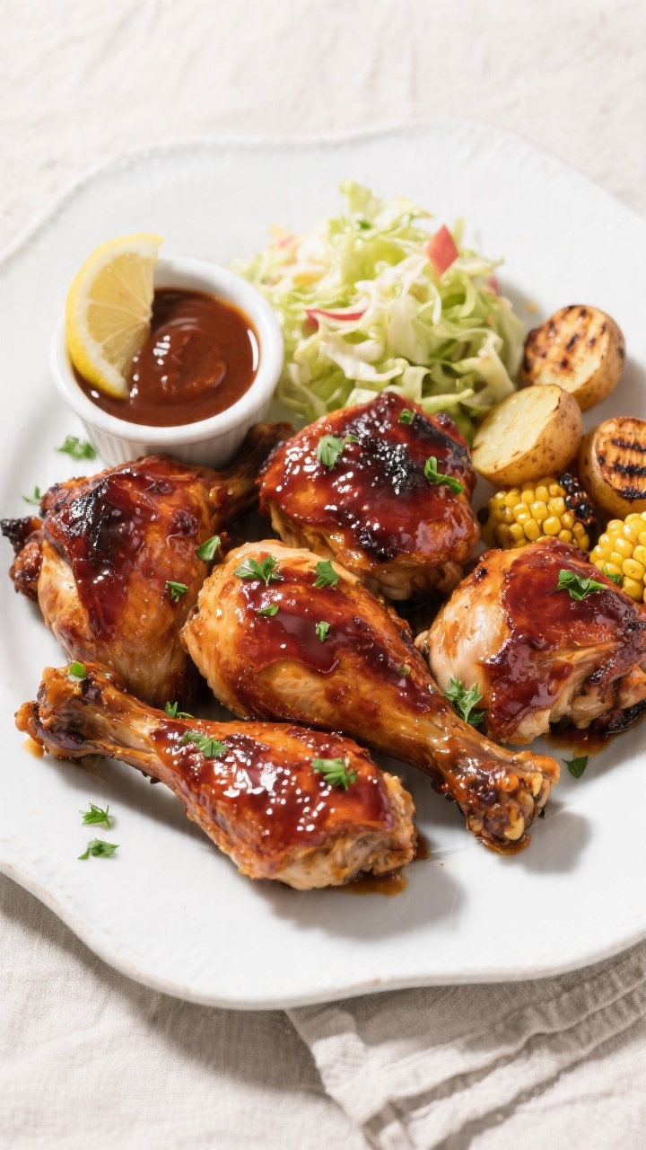 Final plated overhead: Top-down shot of oven-roasted BBQ chicken (mix of thighs and drumsticks) lacq