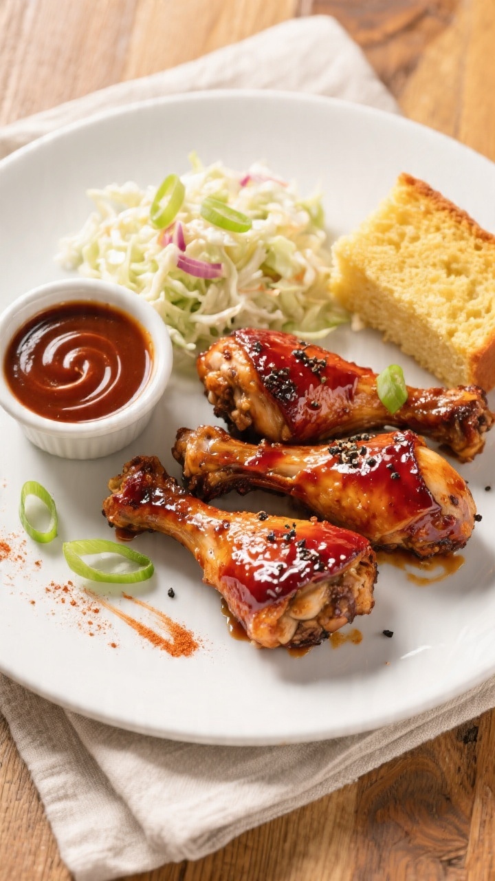 Final plated, tasty top view: Overhead shot of beautifully plated oven-baked BBQ chicken drumsticks