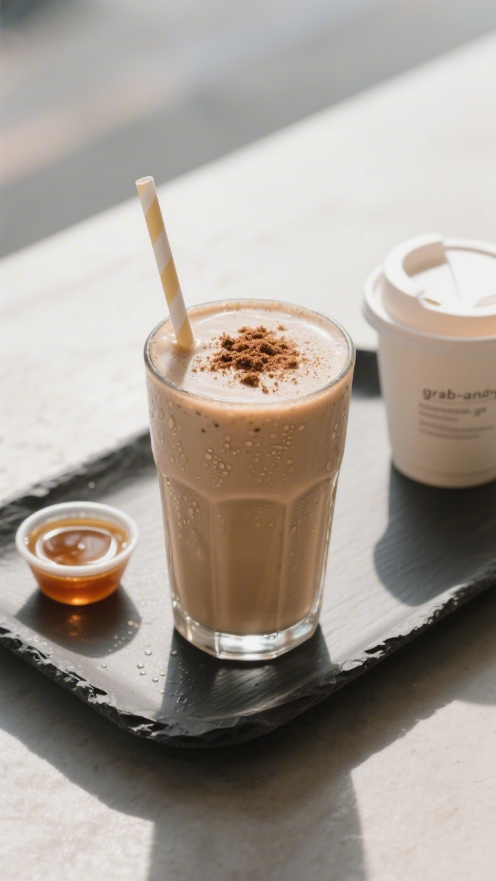 Final presentation top-down: Overhead shot of a finished vanilla coffee protein shake poured into a 