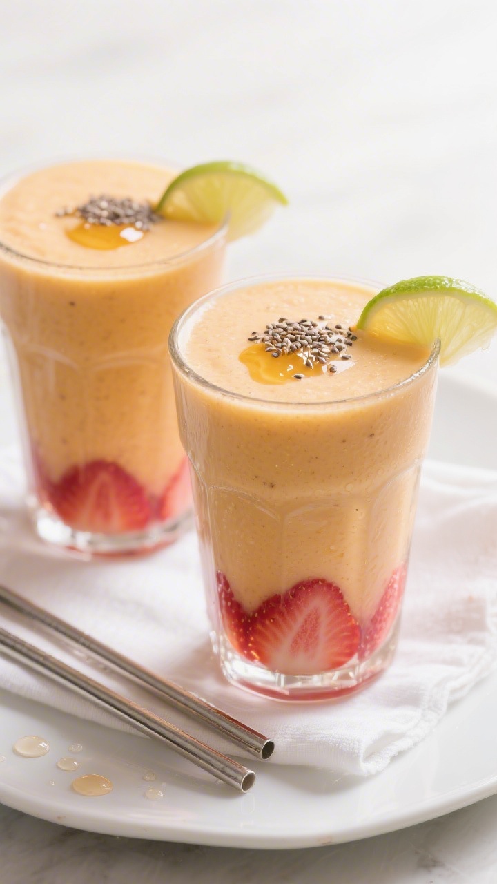 Final presentation: two chilled smoothie glasses filled to the brim with a smooth, creamy mango-stra