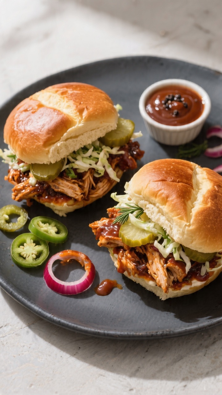 Final sandwich overhead: Top-down shot of two toasted brioche bun BBQ chicken sandwiches piled high 