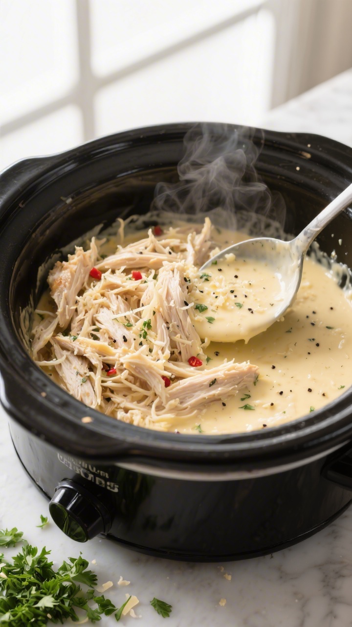 Overhead cooking process shot: shredded slow-cooker Italian chicken being folded back into a glossy,