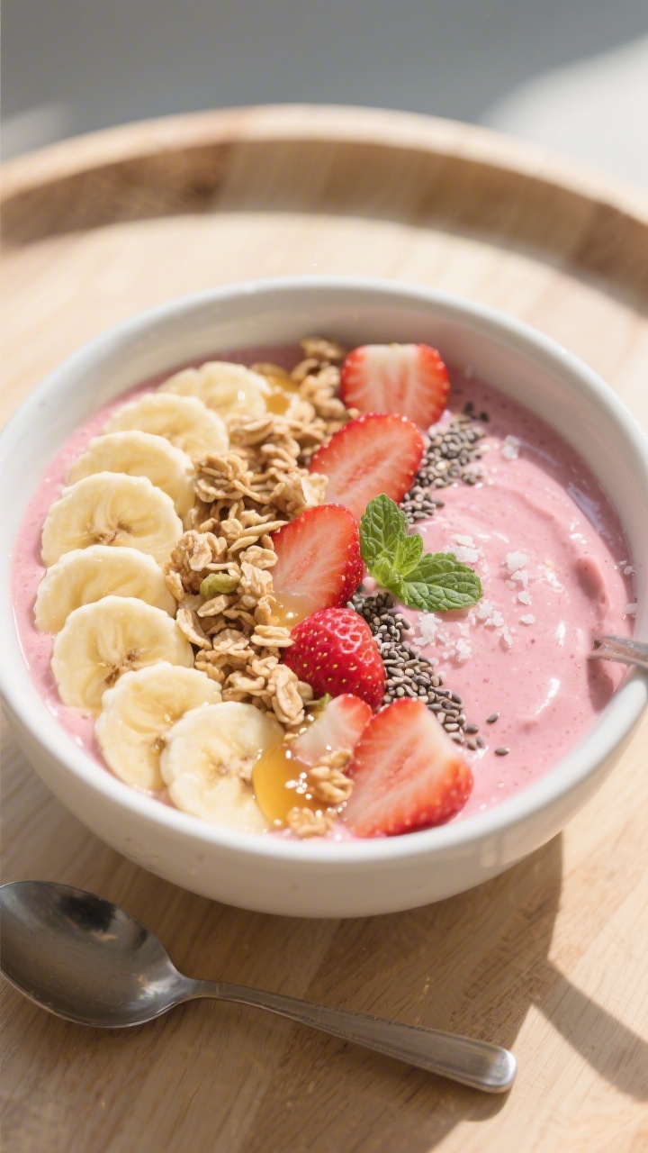 Overhead final presentation of a strawberry-banana smoothie bowl, extra-thick and spoonable from usi