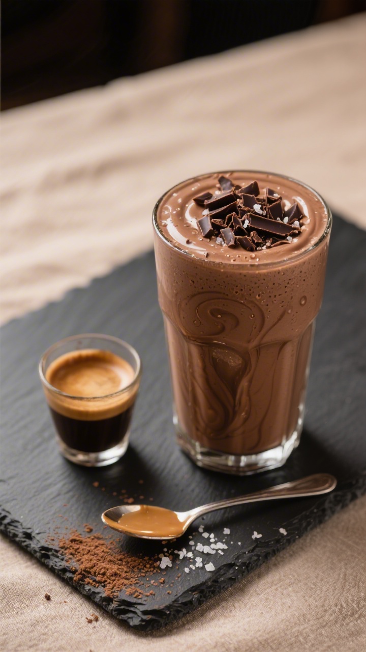 Overhead final presentation of a thick mocha coffee protein smoothie in a tall glass and a small cou