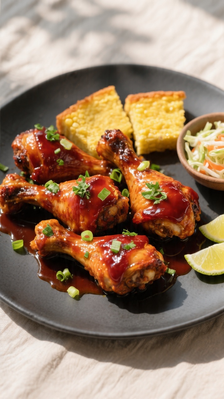 Overhead final presentation of finished barbecue chicken drumsticks and thighs on a matte charcoal p