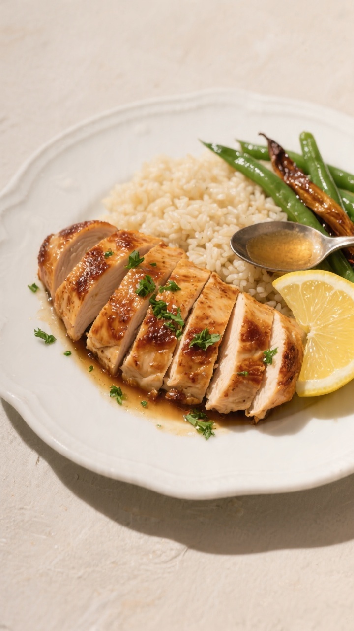 Overhead final presentation of sliced garlic brown sugar baked chicken breast fanned on a white cera