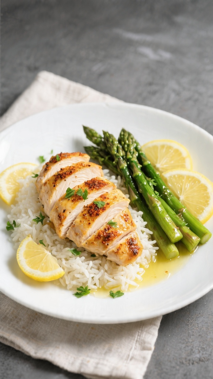 Overhead final presentation of sliced lemon pepper baked chicken breast fanned over fluffy white ric
