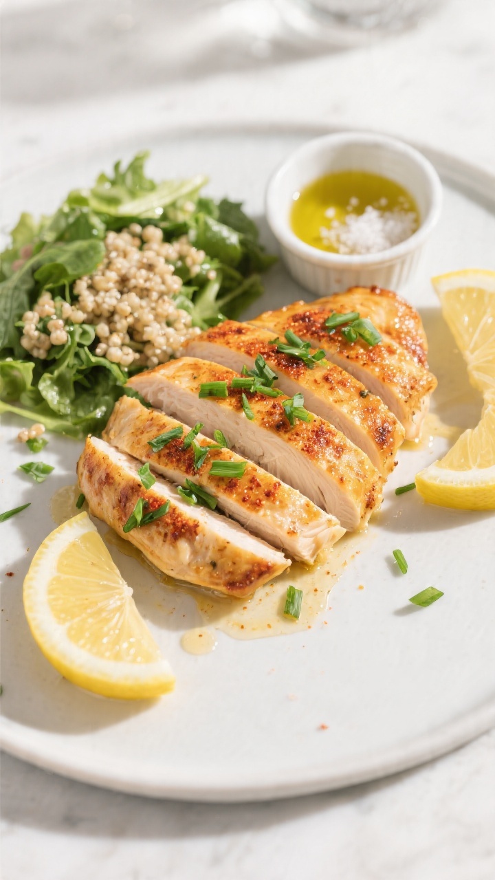 Overhead final presentation of sliced oven-baked chicken breast fanned against the grain on a matte 