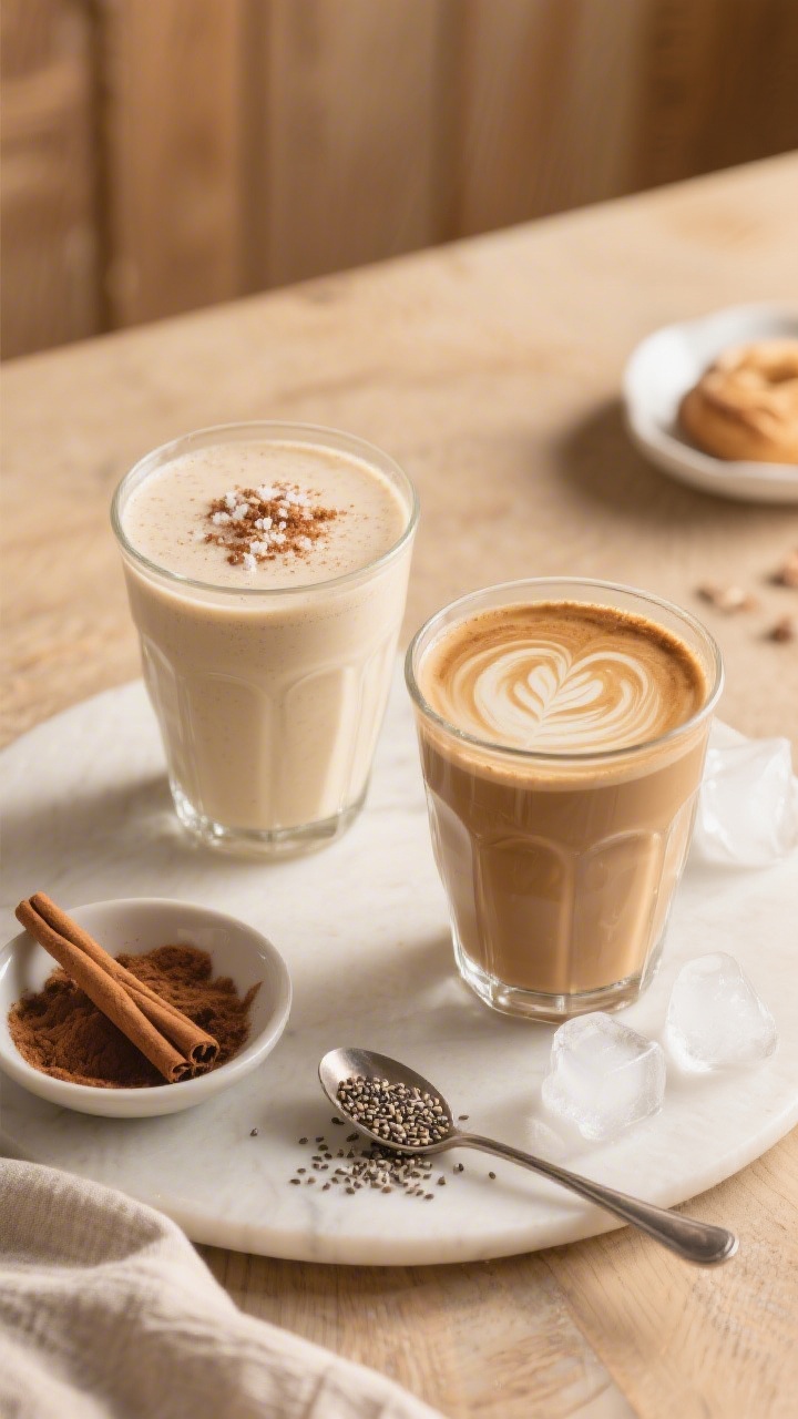 Overhead final presentation of two cinnamon vanilla protein smoothies side-by-side: one classic vers