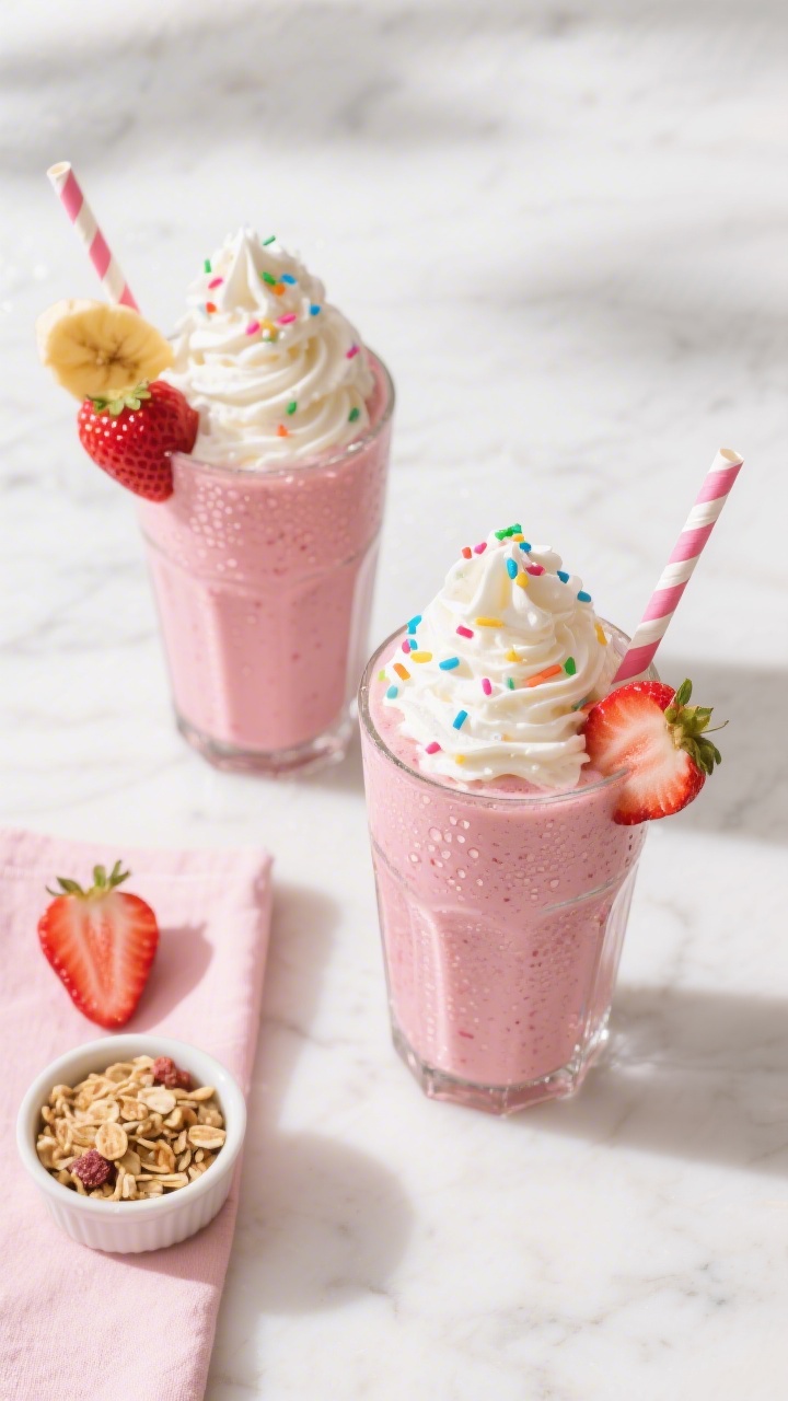 Overhead final presentation of two finished strawberry banana smoothies in vintage soda-fountain gla