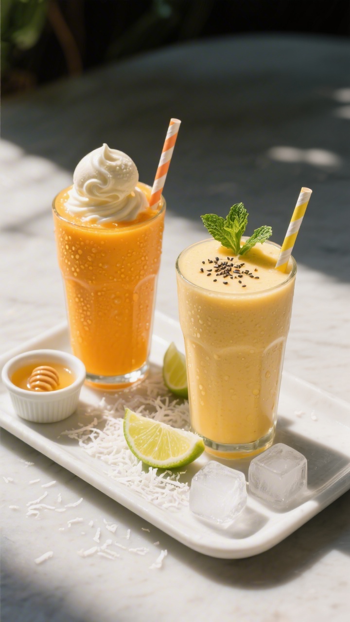 Overhead final presentation of two mango milkshake smoothies on a matte white tray: one classic milk