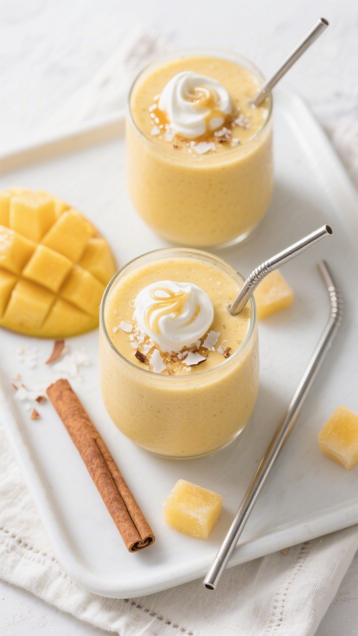 Overhead final presentation: of two perfectly blended banana mango smoothies served in short, wide g