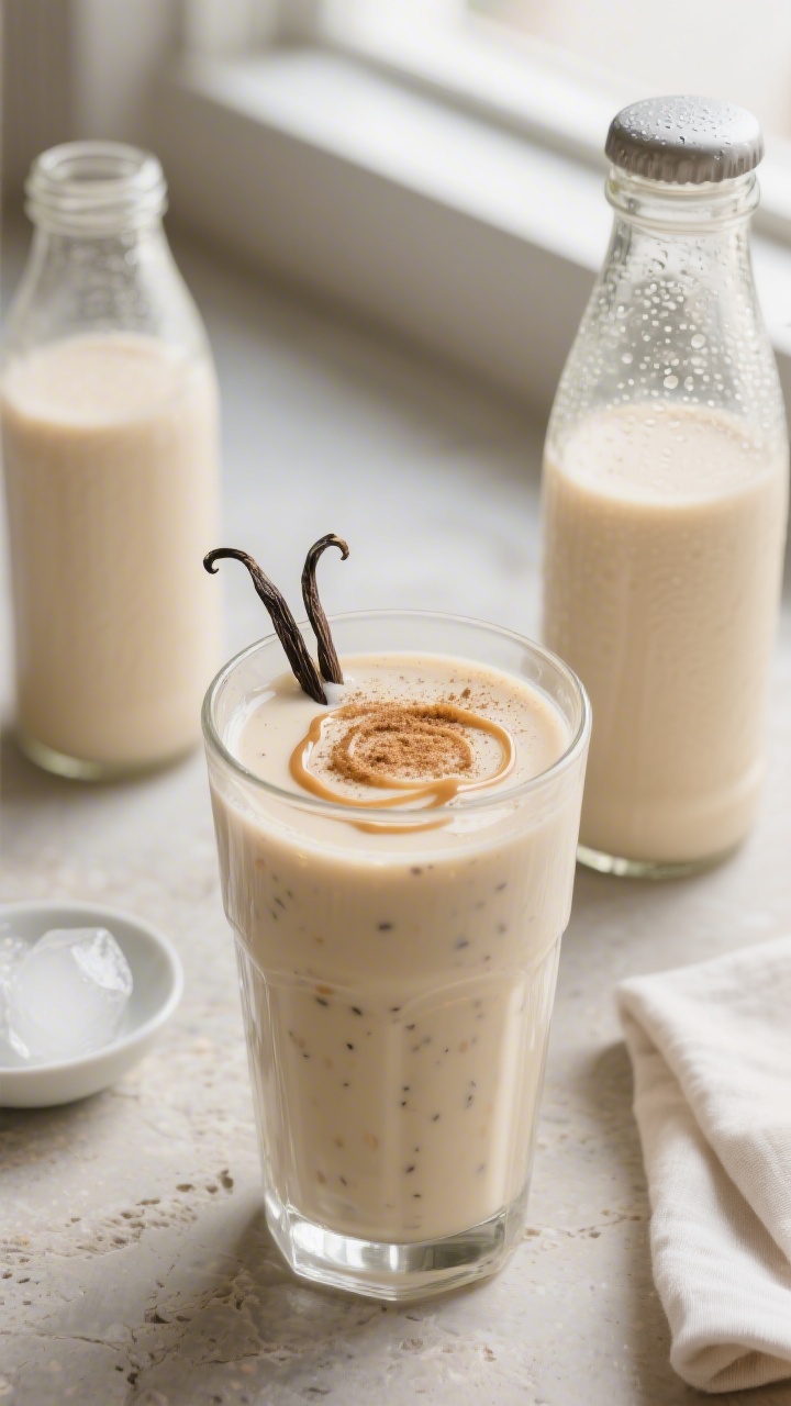 Overhead, final presentation shot of a high-protein vanilla shake poured into a chilled, clear glass