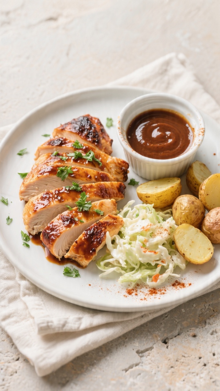 Overhead final presentation: sliced juicy oven barbecue chicken breast fanned on a matte white plate