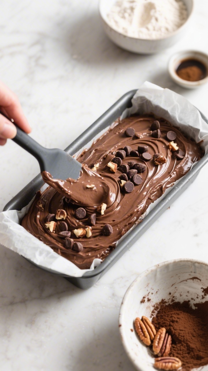 Overhead process shot: Batter being smoothed into a parchment-lined 9x5-inch loaf pan, thick and cre