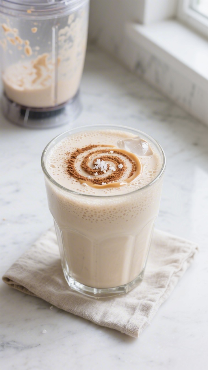 Overhead shot of a “Cinnamon Roll Vanilla” protein shake just blended and poured into a chilled 