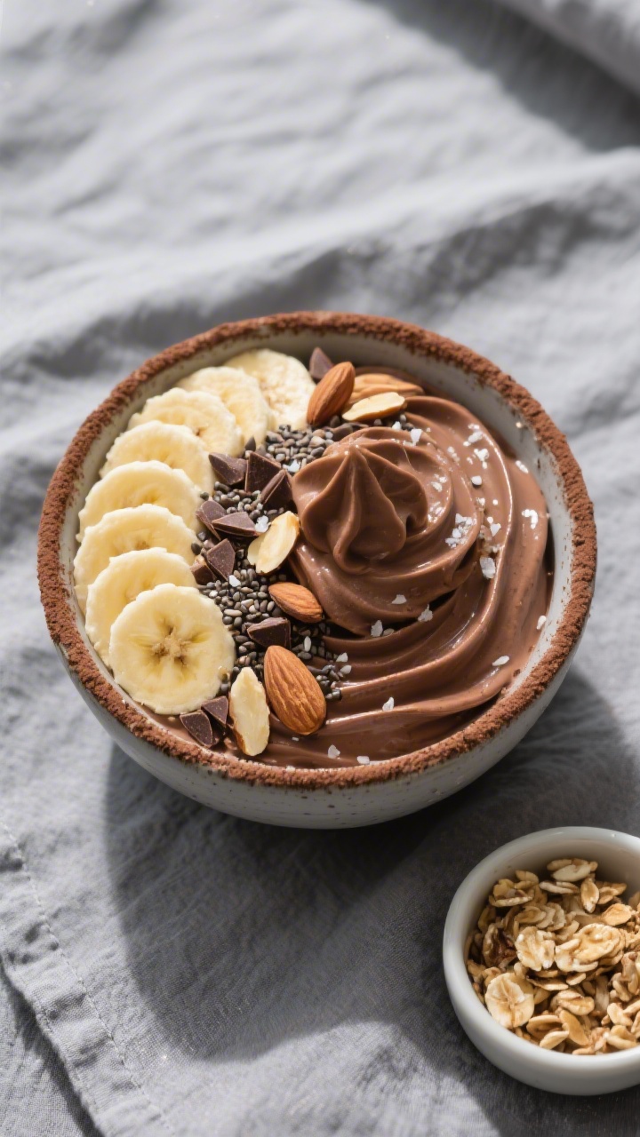 Overhead shot of a finished Chocolate Banana Bowl with thick, soft-serve texture swirled into a matt
