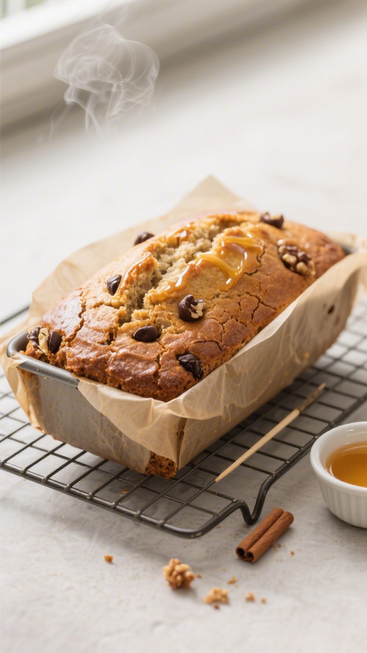 Overhead shot of a freshly baked gluten-free banana bread loaf just out of the pan, cooling on a wir