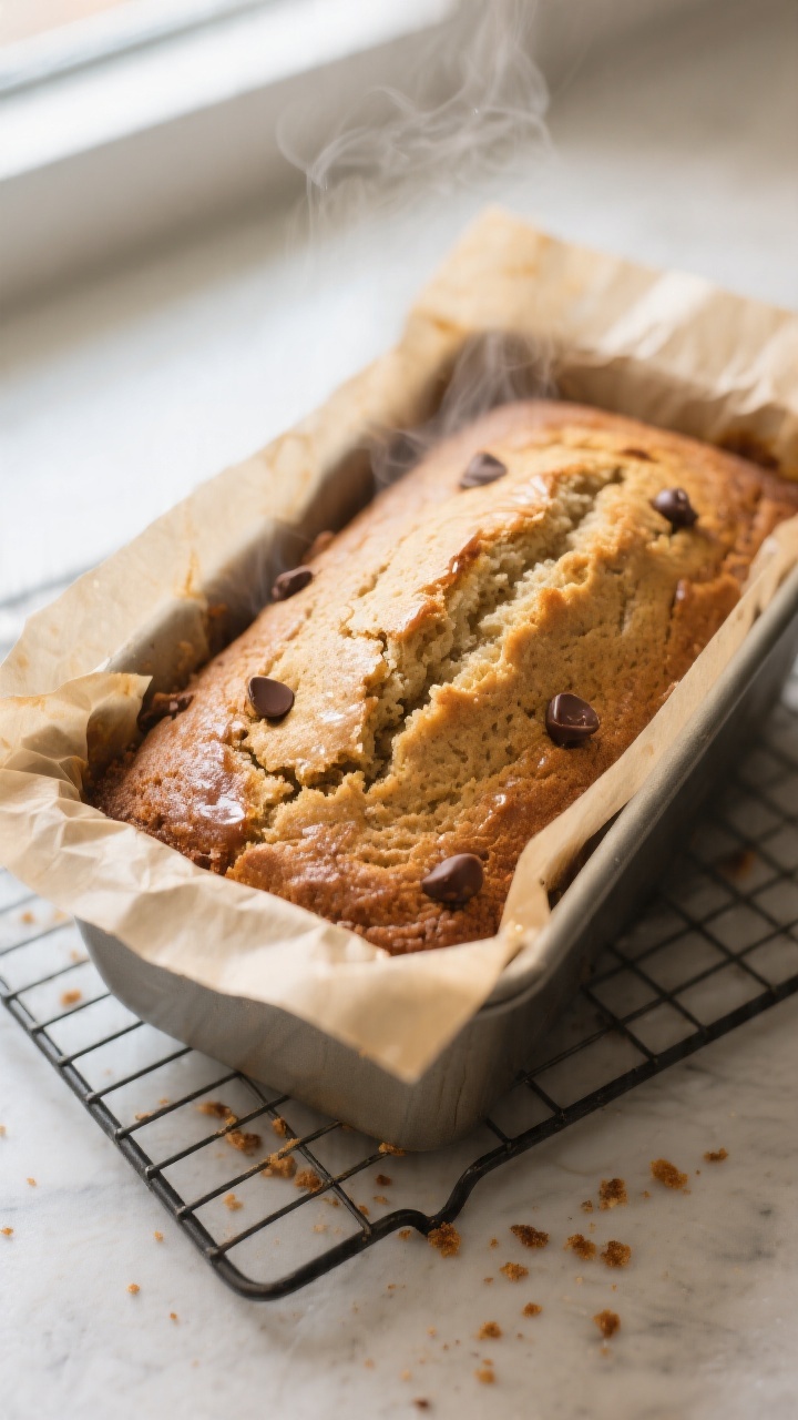 Overhead shot of a freshly baked gluten-free banana bread loaf in a parchment-lined 9x5-inch pan jus