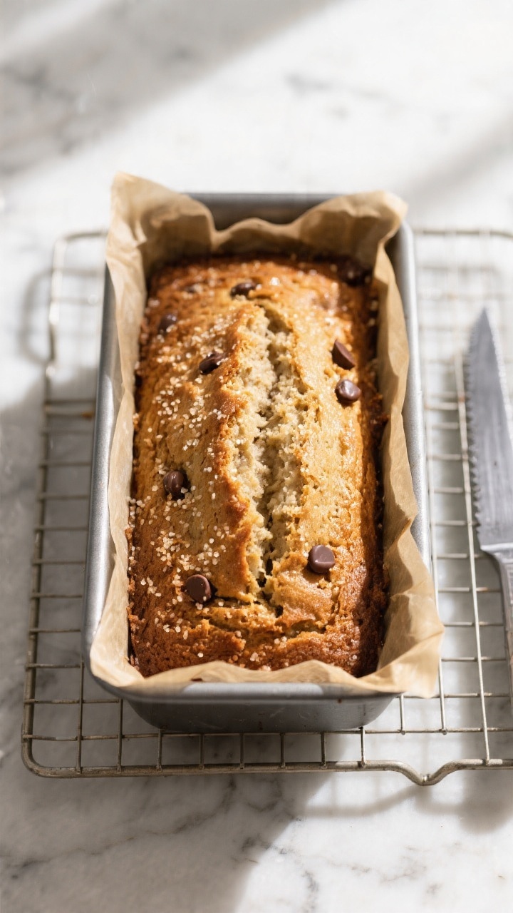 Overhead shot of a freshly baked gluten-free banana bread loaf in a parchment-lined 9x5-inch pan jus
