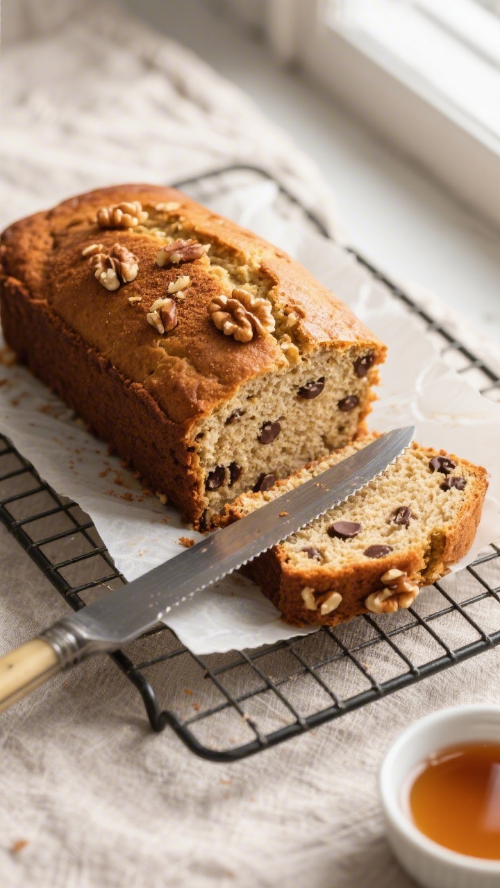 Overhead shot of a freshly baked gluten-free banana bread loaf cooling on a wire rack with parchment