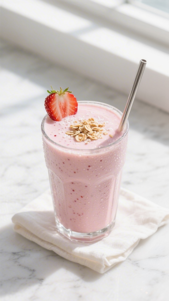 Overhead shot of a freshly blended Classic Strawberry Cream protein shake poured into a chilled clea
