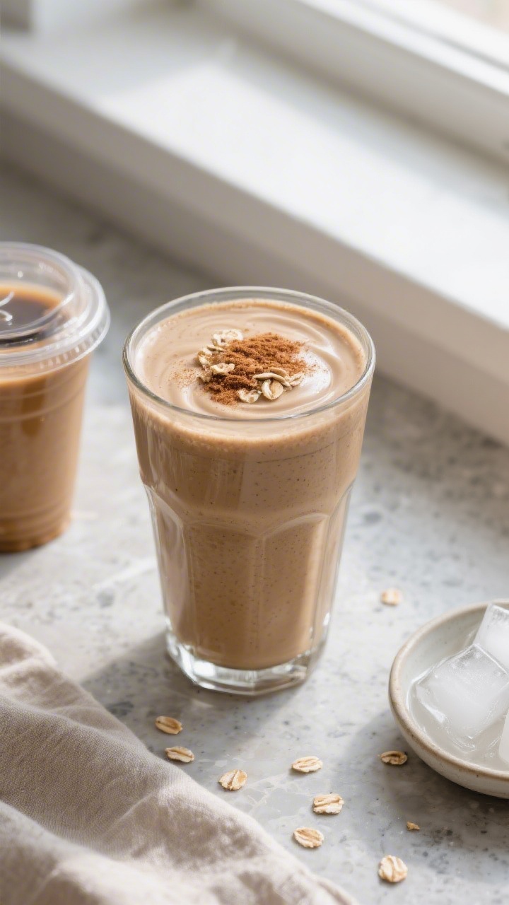 Overhead shot of a freshly blended Coffee Oat Protein Smoothie poured into a tall clear glass, silky