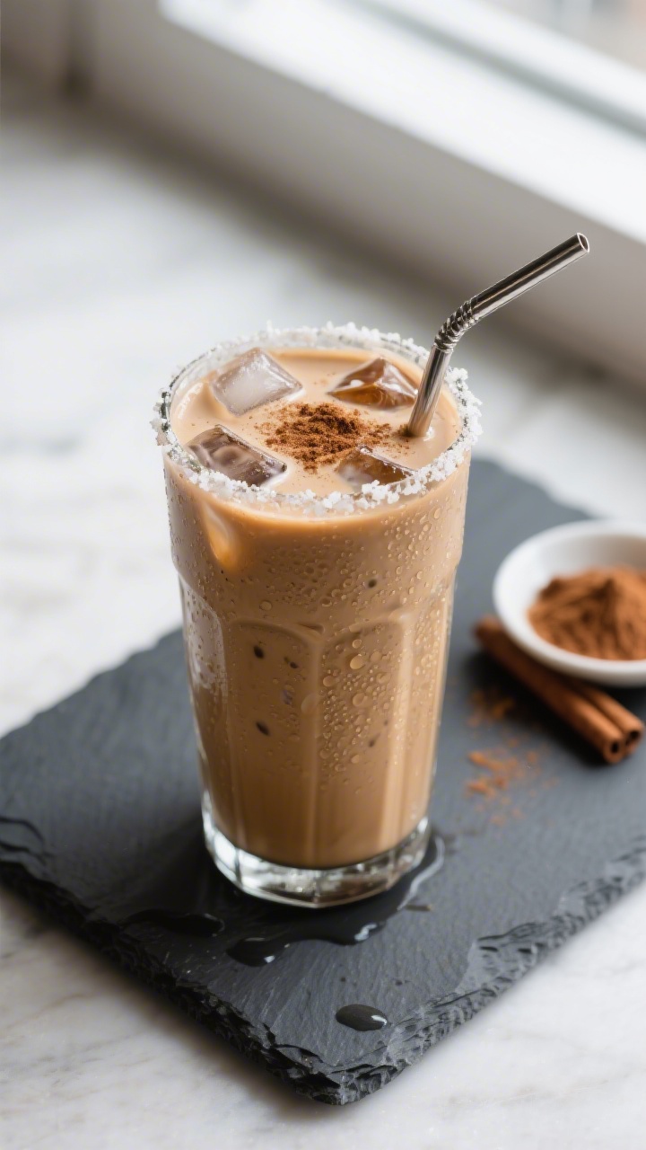 Overhead shot of a freshly blended iced coffee protein shake poured into a chilled highball glass, v