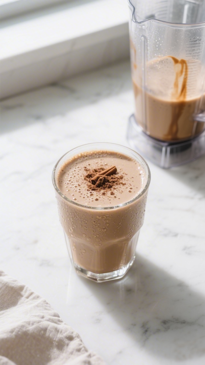 Overhead shot of a freshly blended low-calorie coffee protein smoothie poured into a chilled, clear 