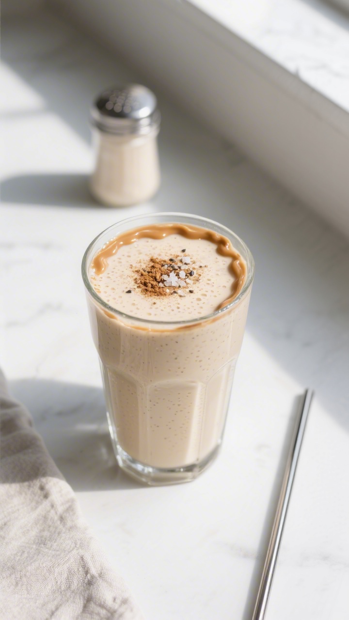 Overhead shot of a freshly blended Vanilla Protein Shake poured into a chilled clear glass, silky sm