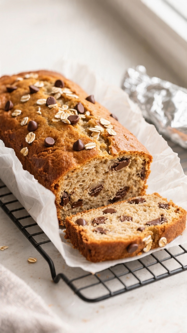 Overhead shot of a just-baked gluten-free oatmeal chocolate chip banana bread loaf cooling on a wire