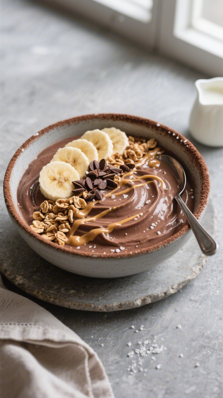 Overhead shot of a thick chocolate peanut butter smoothie bowl just poured and swirled in a matte ce