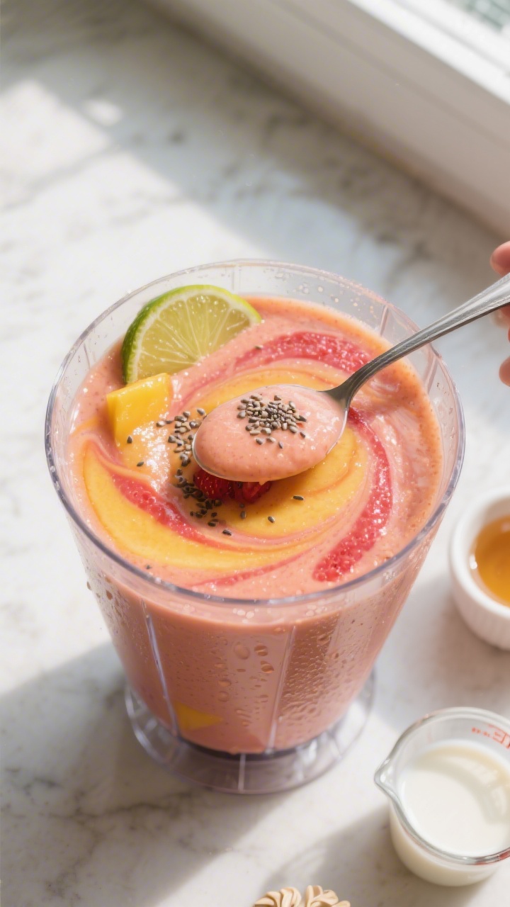 Overhead shot of a thick mango-strawberry smoothie just finished blending, showing a glossy, velvety