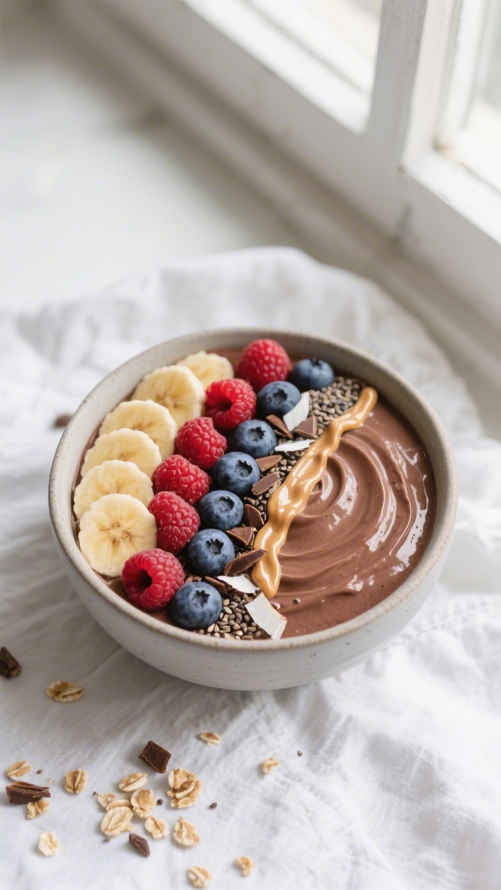 Overhead shot of a thick, soft-serve–consistency chocolate smoothie bowl just poured into a matte 