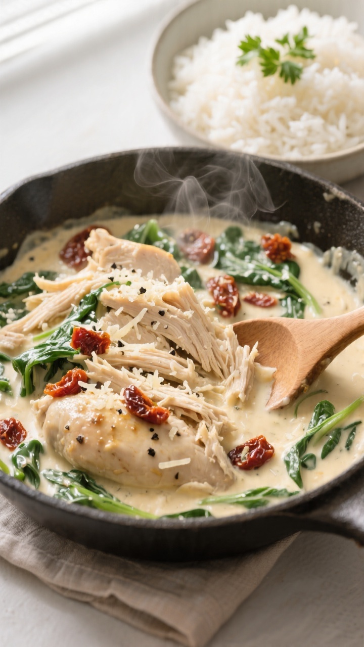 Overhead shot of creamy Tuscan crockpot chicken just after finishing, shredded chicken nestled in a 