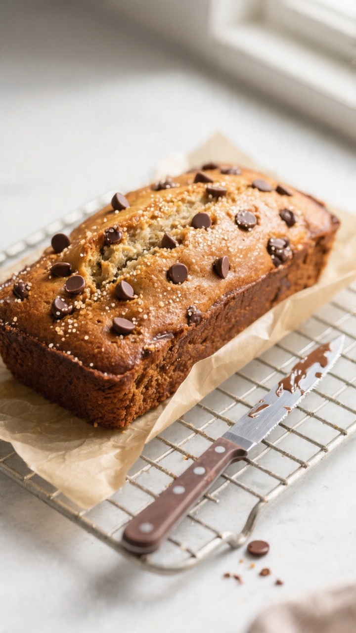 Overhead shot of freshly baked dairy-free chocolate chip banana bread cooling on a wire rack, loaf j