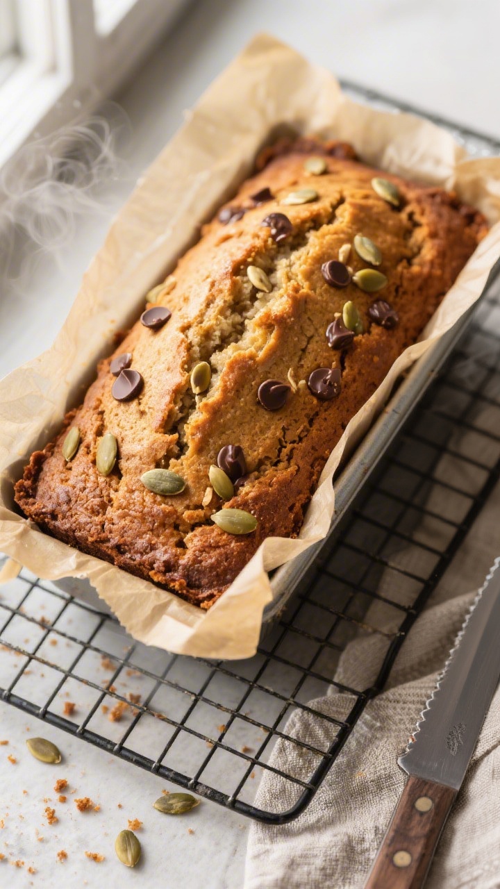 Overhead shot of freshly baked dairy-free, gluten-free banana bread just out of the pan on a wire ra
