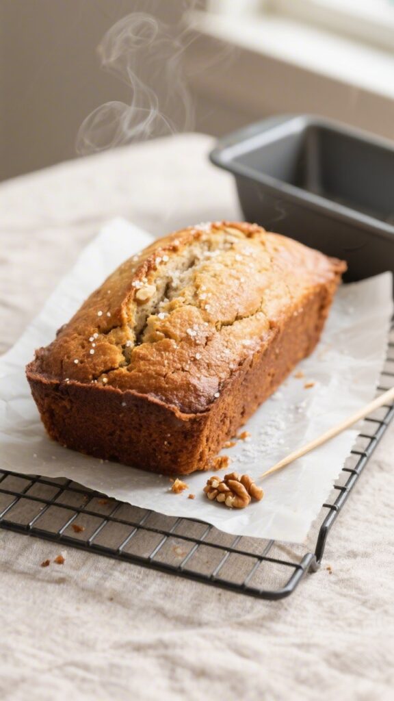 Overhead shot of freshly baked gluten-free banana bread just out of the pan, loaf resting on a parch