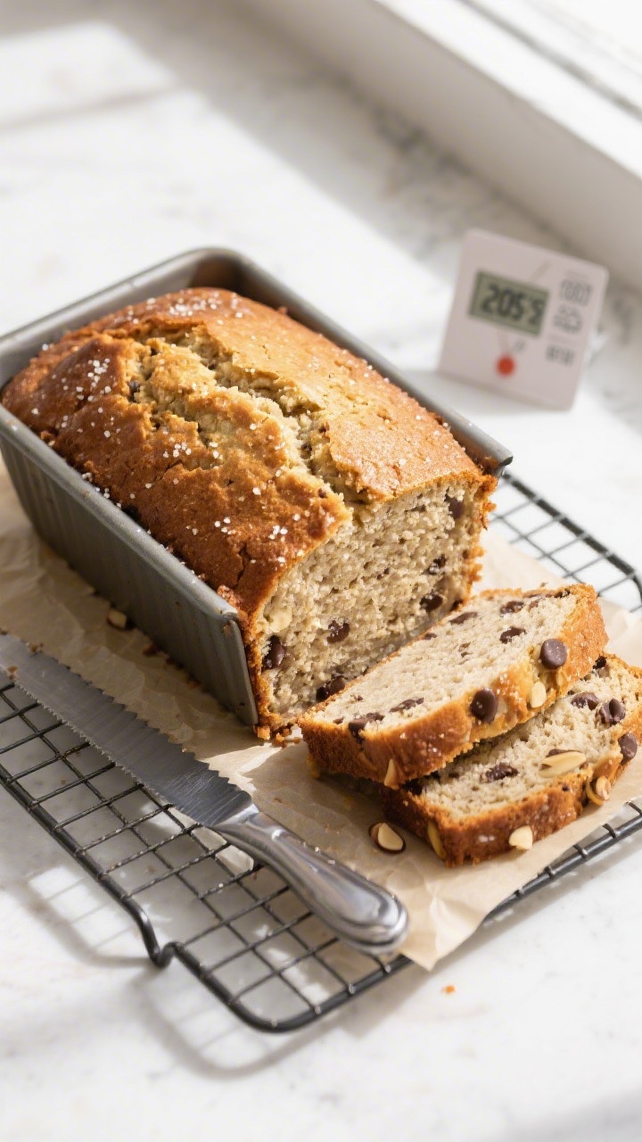 Overhead shot of freshly baked gluten-free banana bread just out of the loaf pan and cooling on a wi