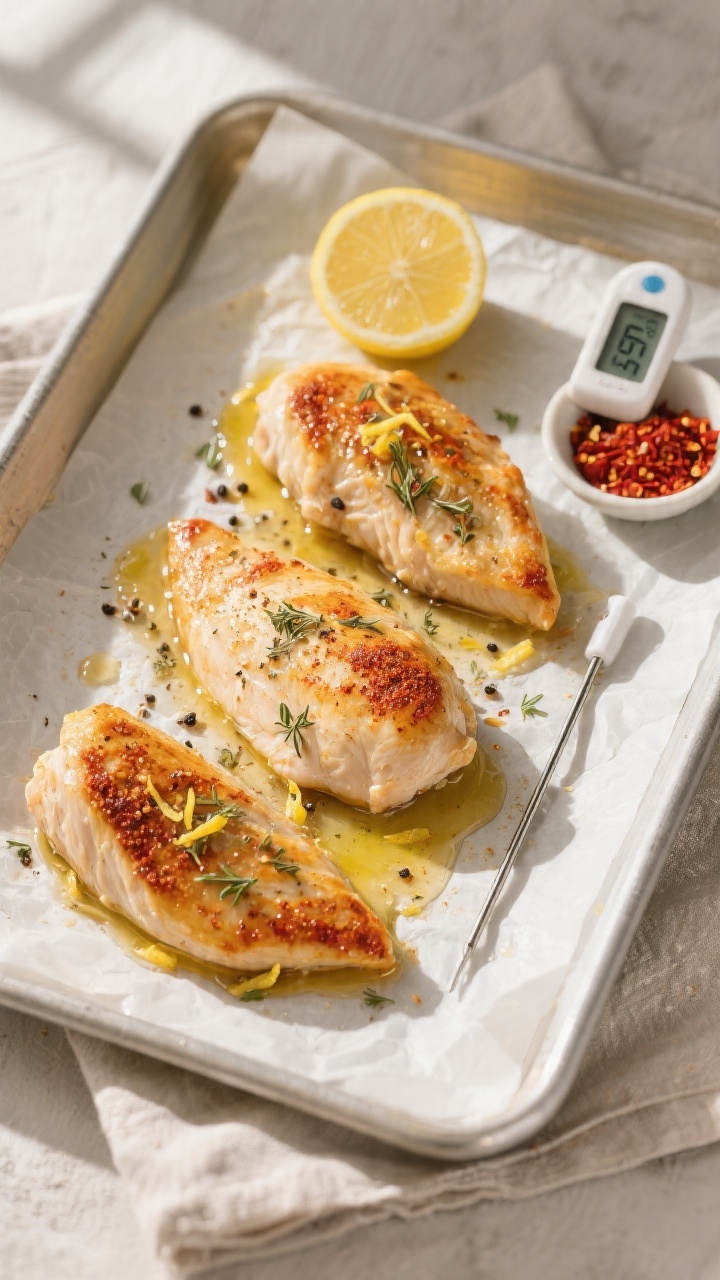Overhead shot of freshly baked gluten-free chicken breasts resting on a parchment-lined sheet pan, g