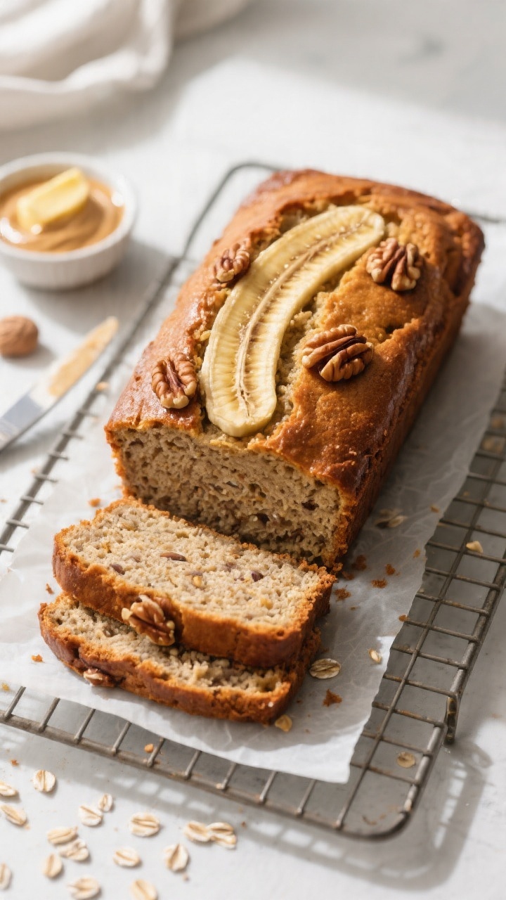 Overhead shot of freshly baked low-sugar gluten-free banana bread just out of the pan, loaf resting 
